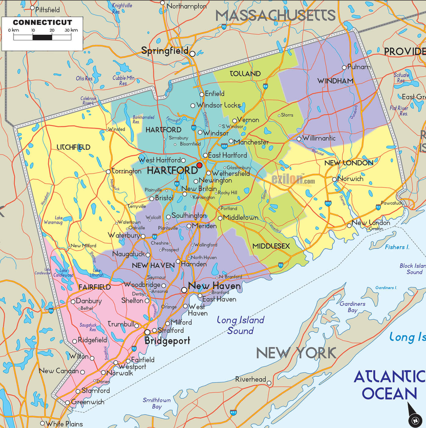 connecticut comtes route carte eua