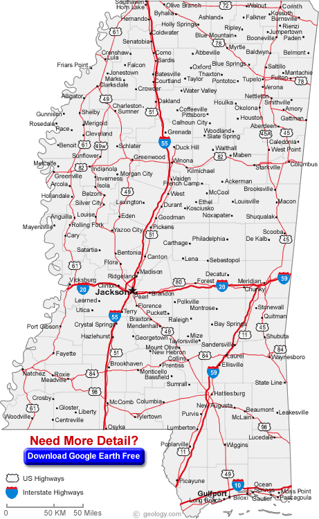 carte du mississippi villes