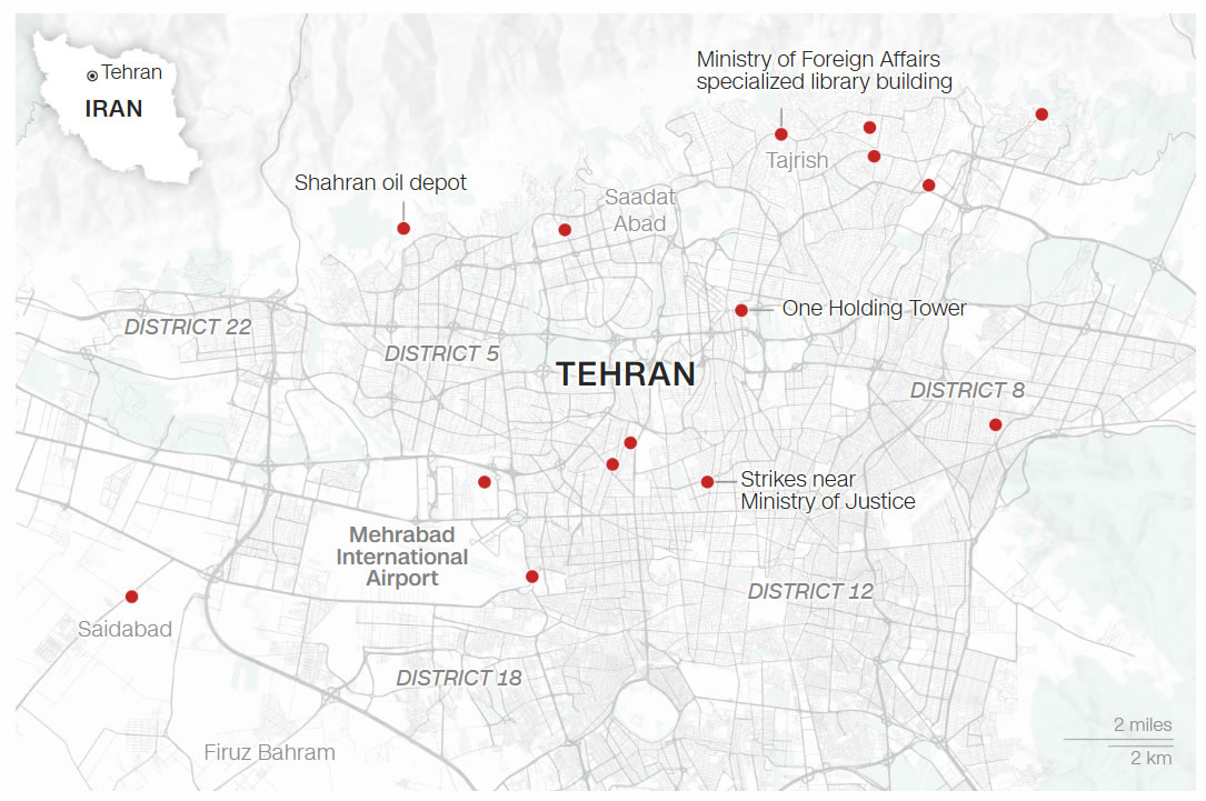 Carte de Téhéran touchée par les frappes israéliennes