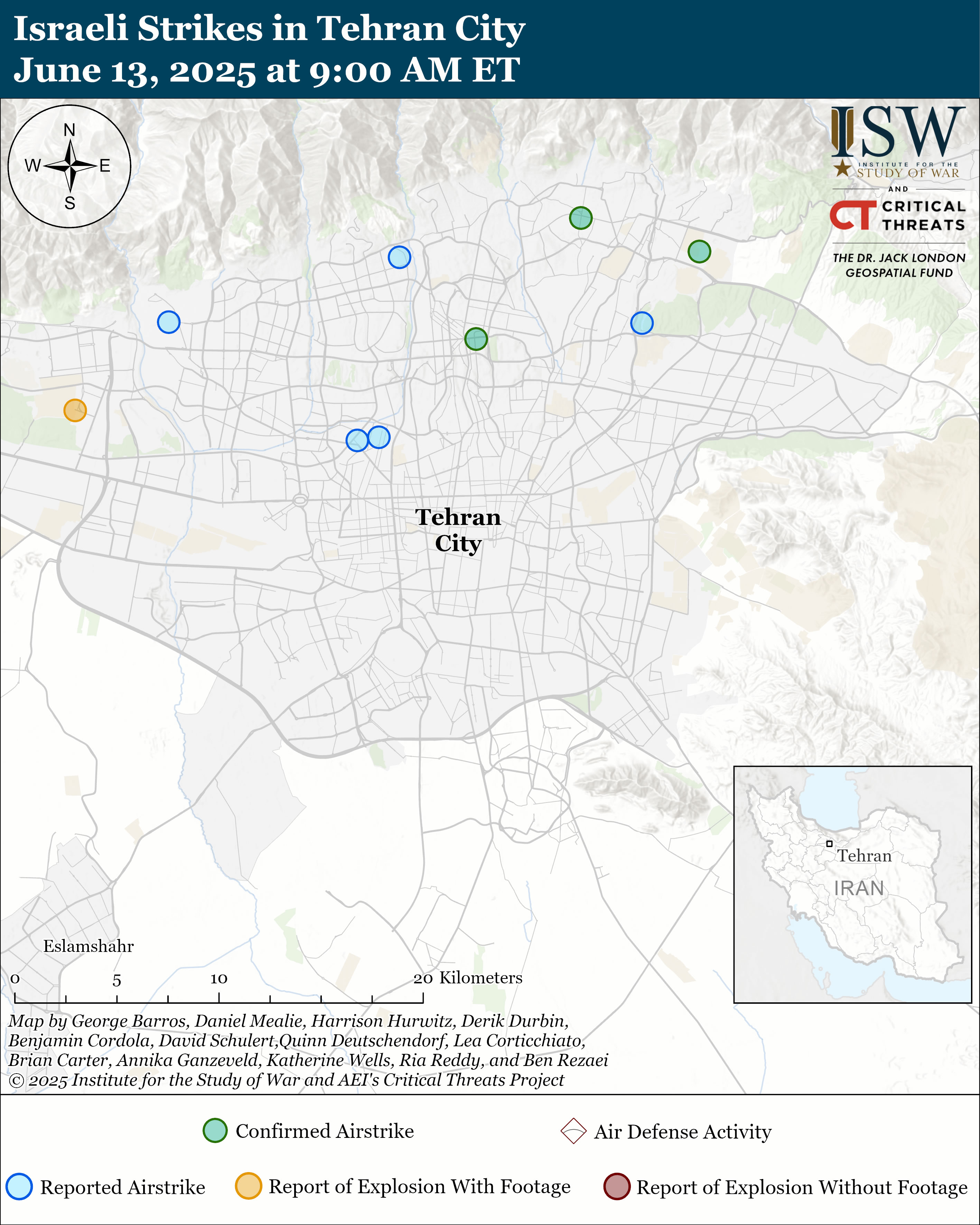 Carte des frappes israéliennes dans la ville de Téhéran