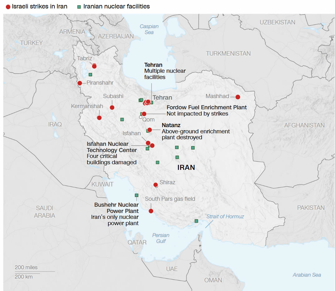 Carte des frappes israéliennes en Iran en juin 2025