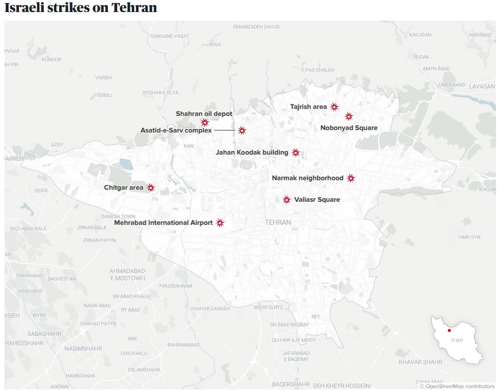 Carte des frappes israéliennes sur Téhéran