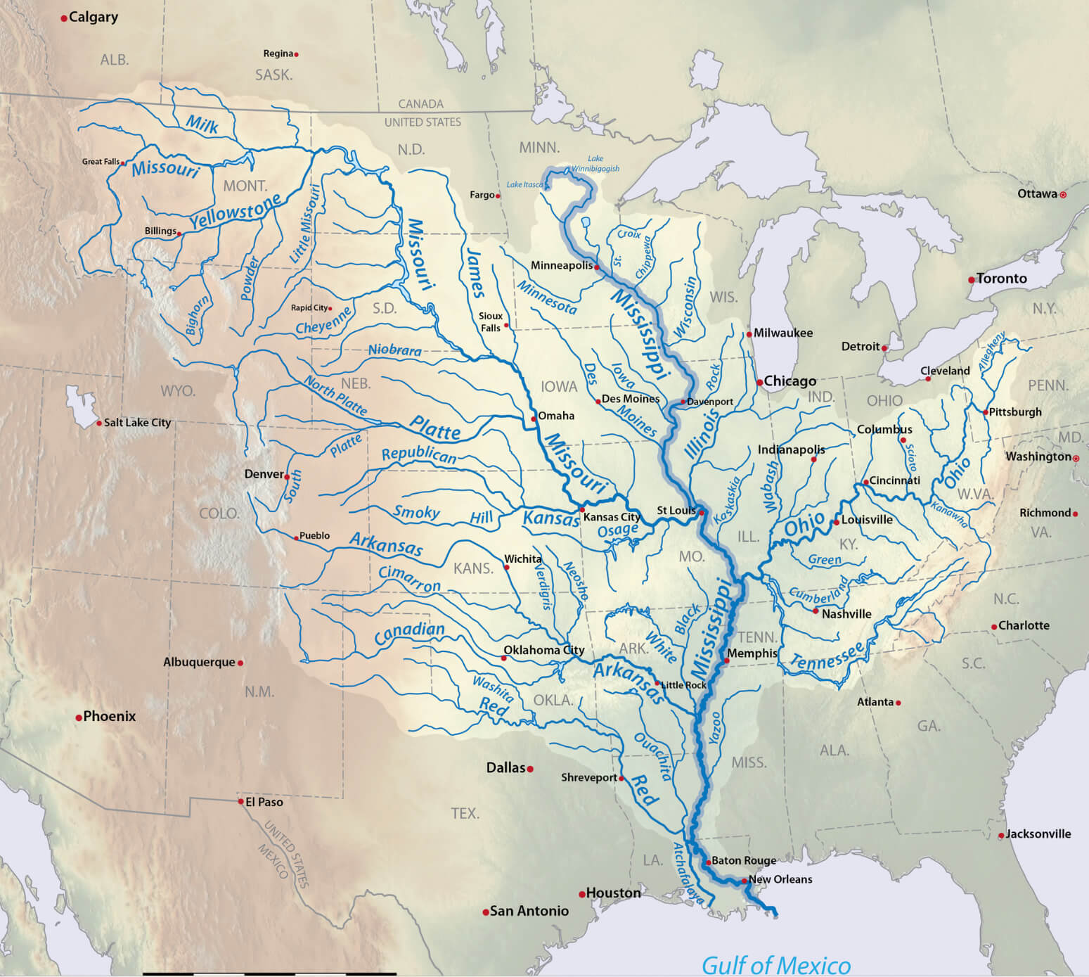 bassin versant du mississippi et carte du golfe du mexique