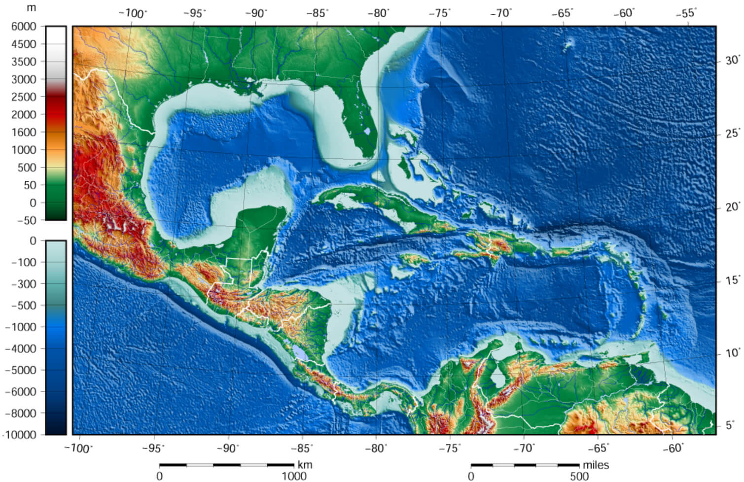 Carte en relief du Golfe du Mexique et des îles des Caraïbes