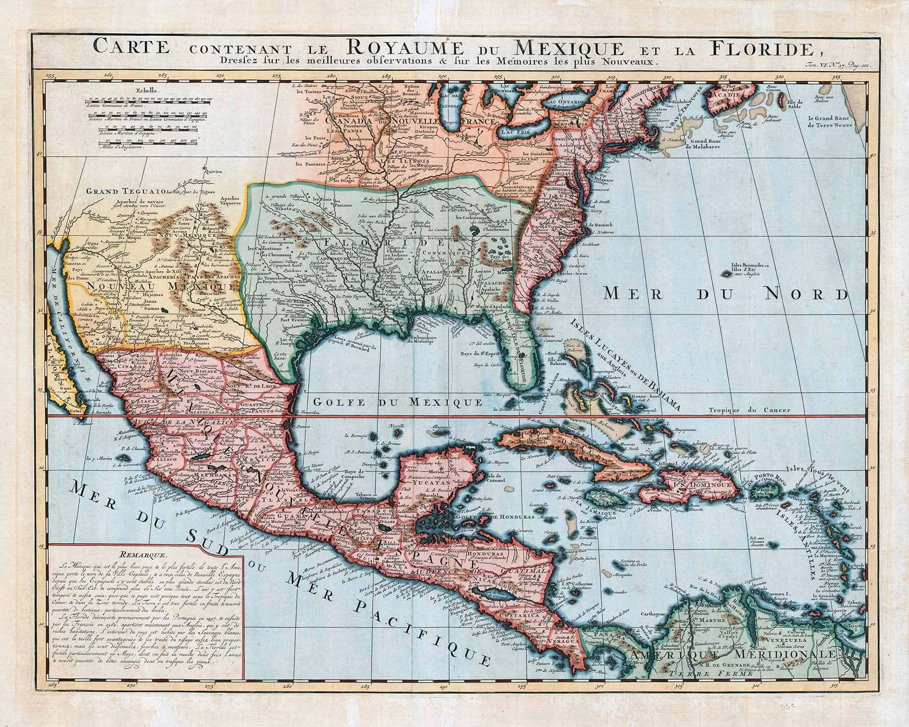 Carte historique de 1732 du Golfe du Mexique avec les territoires de la Nouvelle-Espagne et de la Floride