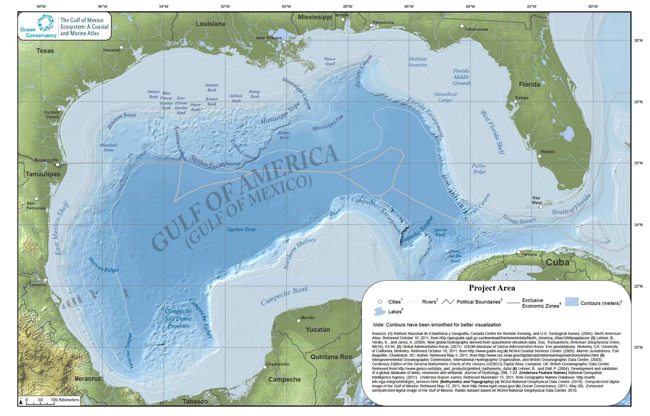 Carte physique du Golfe d'Amérique (Golfe du Mexique) avec profondeur et côtes