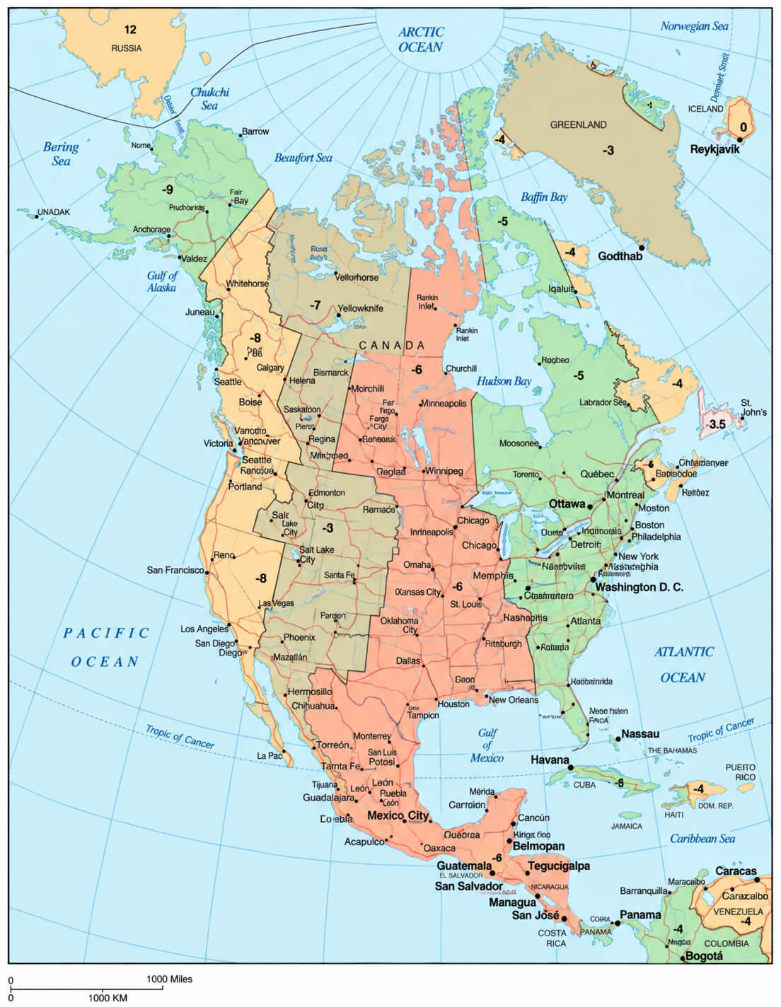 Carte detaillee fuseaux horaires Amerique du Nord
