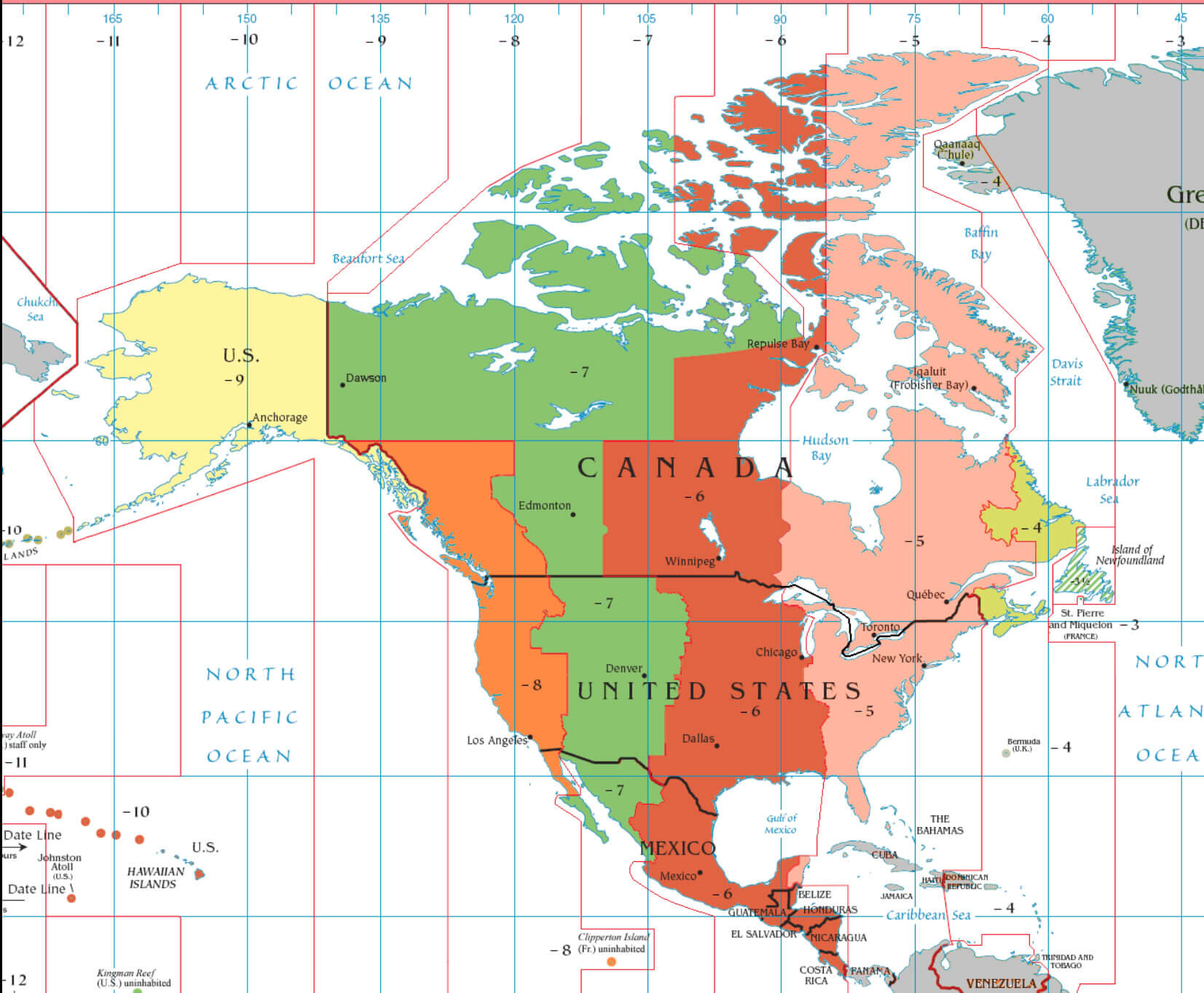 Carte fuseau horaire pacifique Amerique du Nord