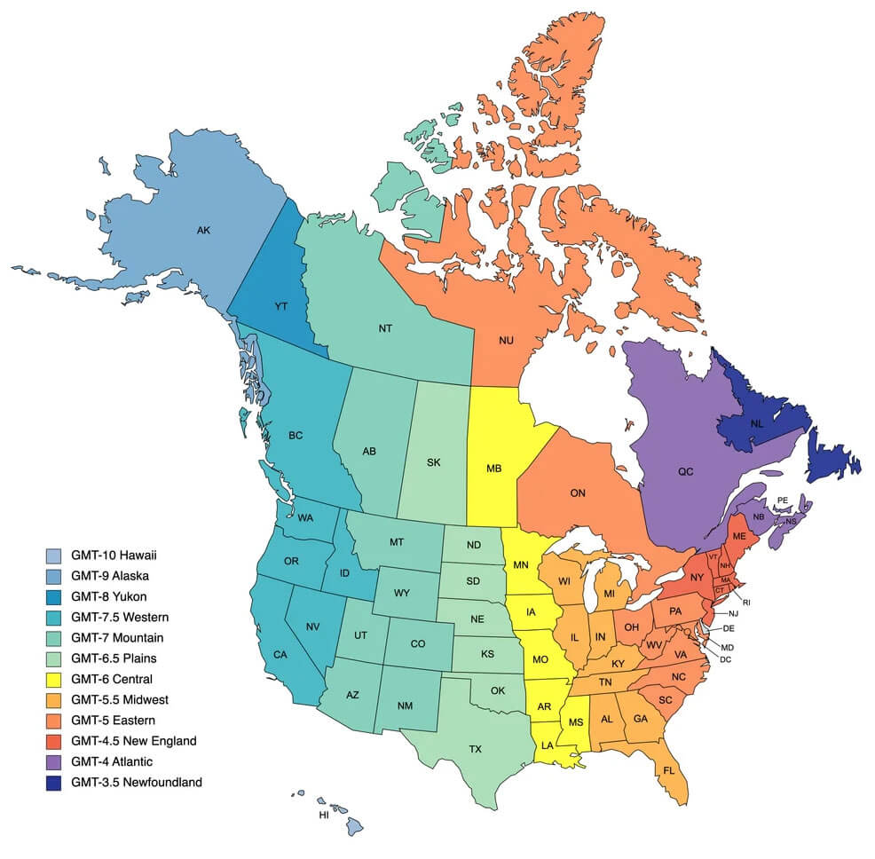 Carte fuseaux horaires Amerique du Nord avec etats americains