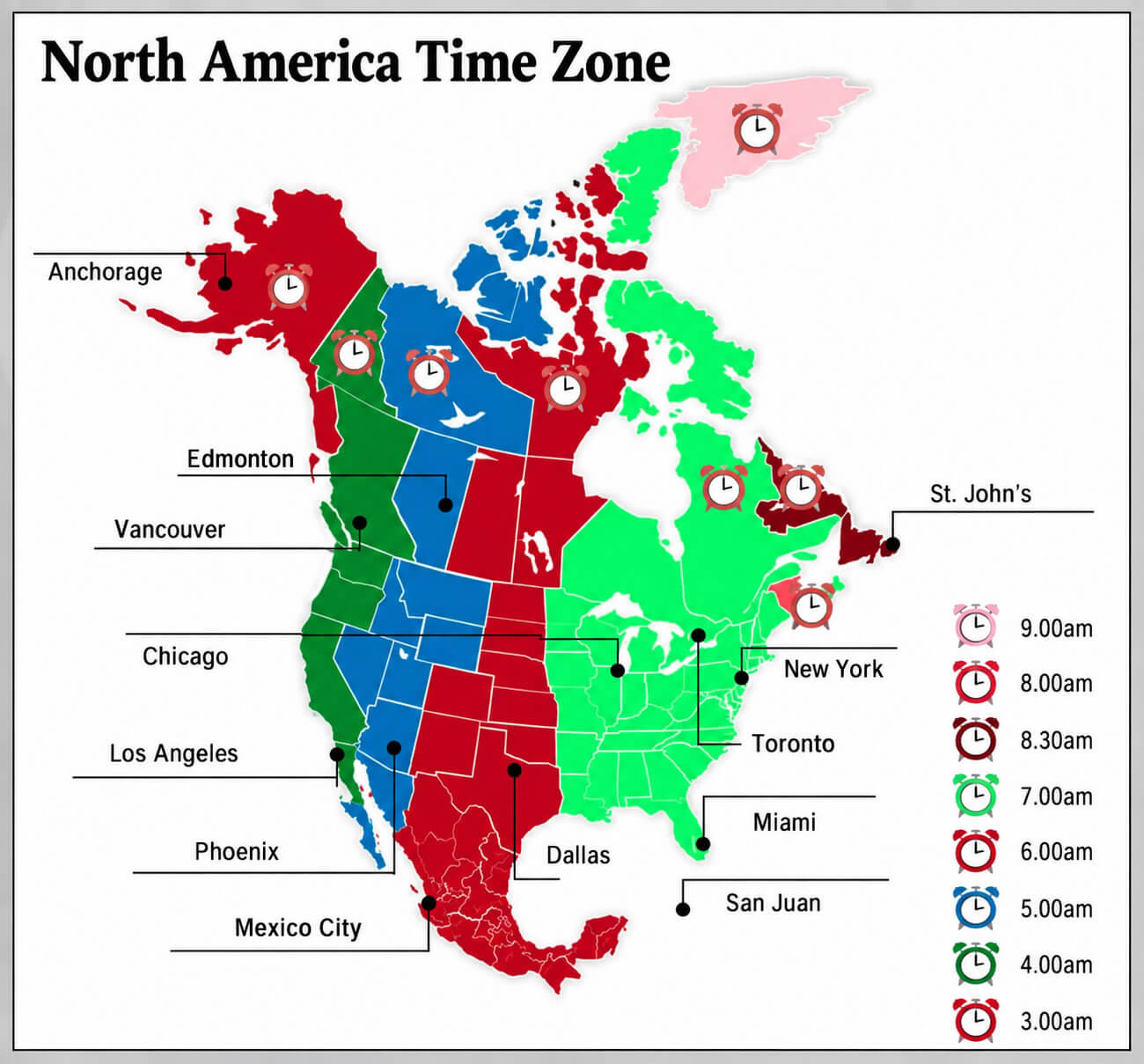 Carte fuseaux horaires Amerique du Nord avec grandes villes