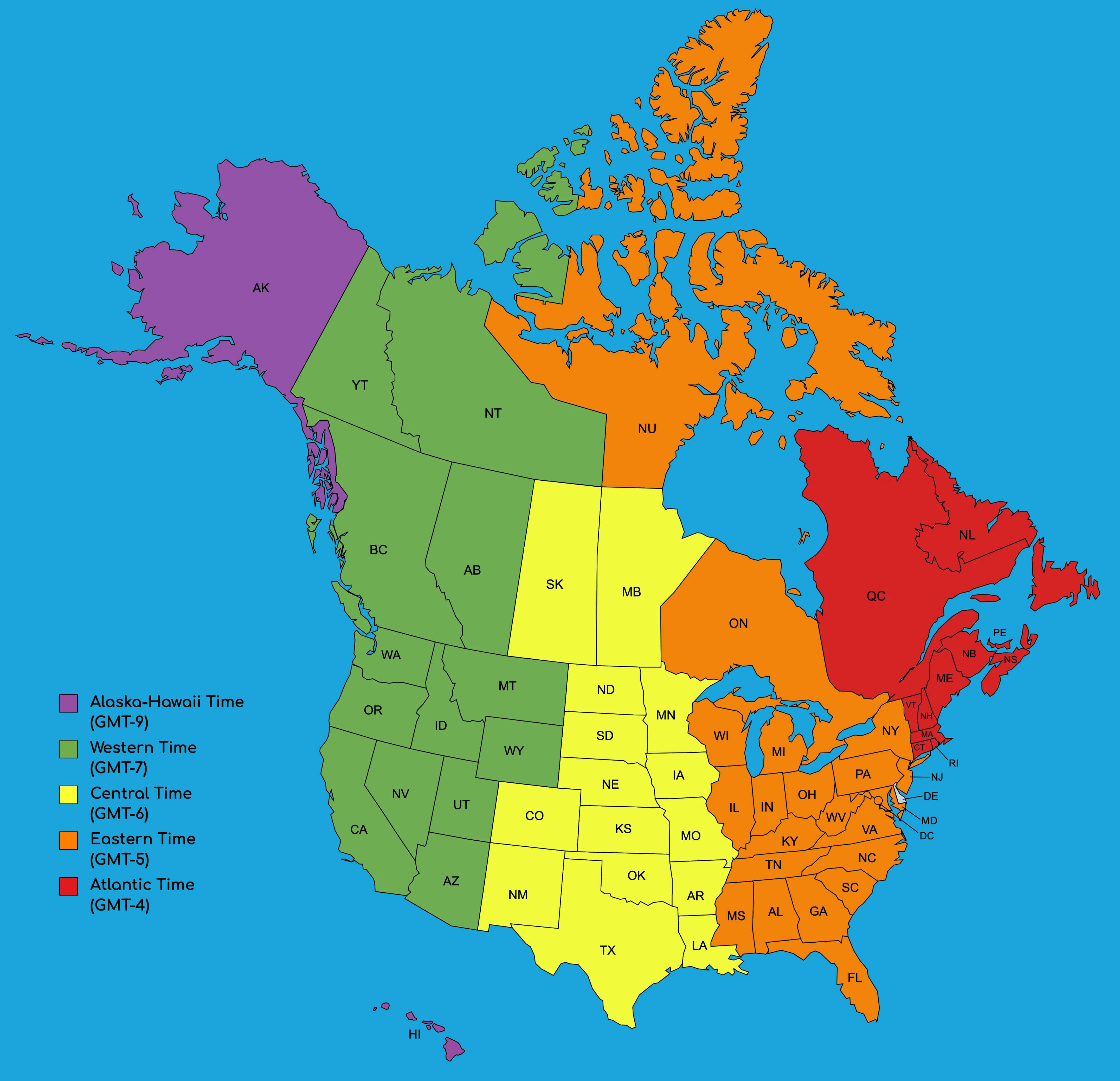 Carte fuseaux horaires Amerique du Nord Etats Unis canada