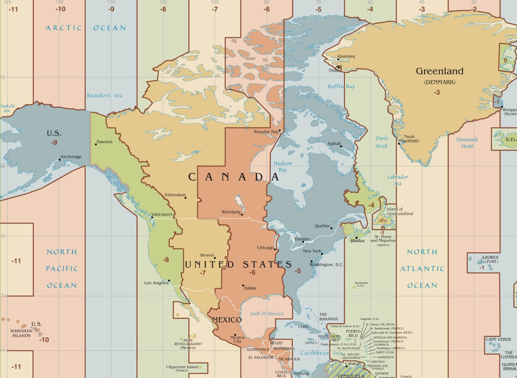 Carte fuseaux horaires Etats Unis canada groenland