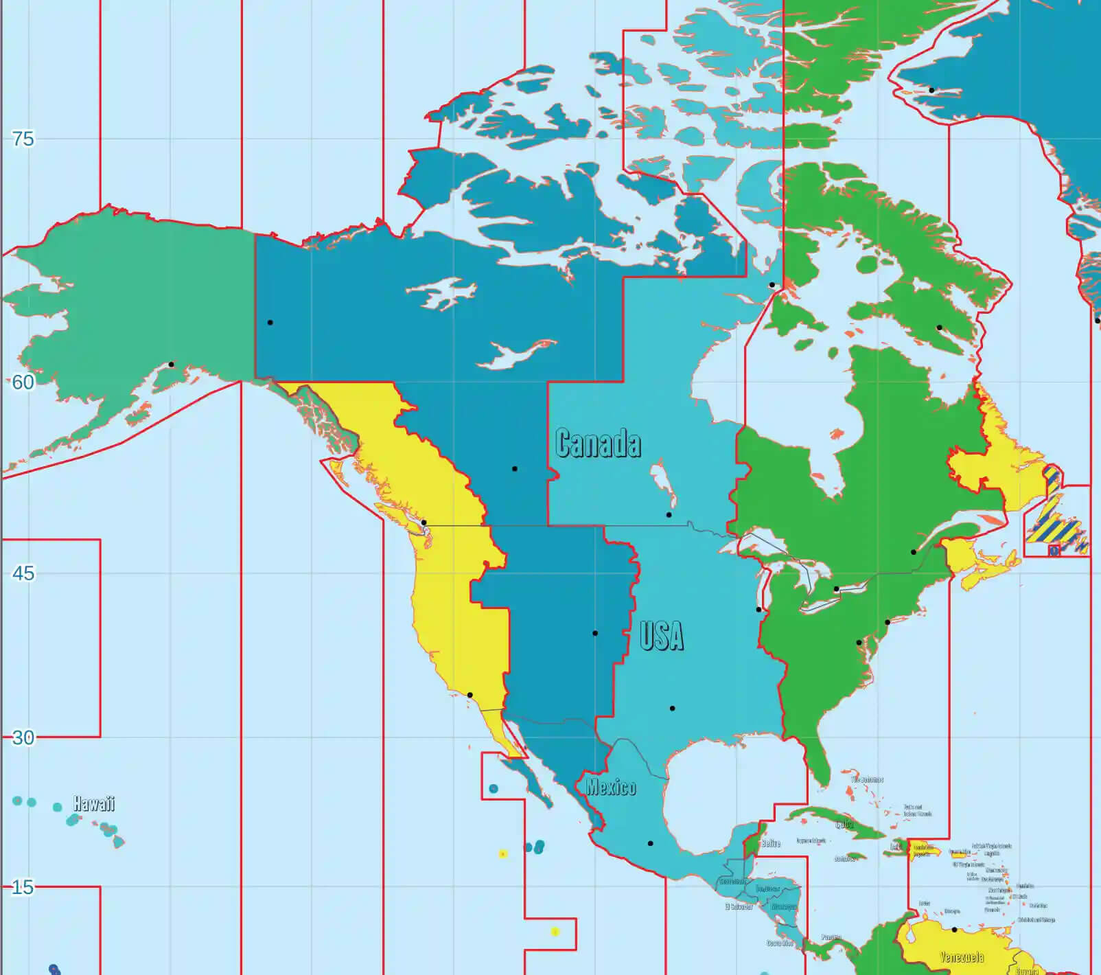Carte fuseaux horaires Etats Unis canada mexique