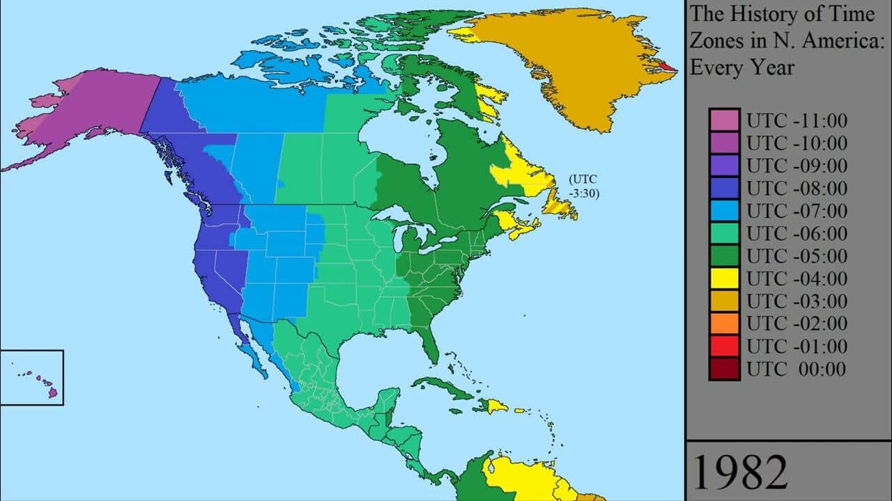 Carte historique fuseaux horaires Amerique du Nord 1982
