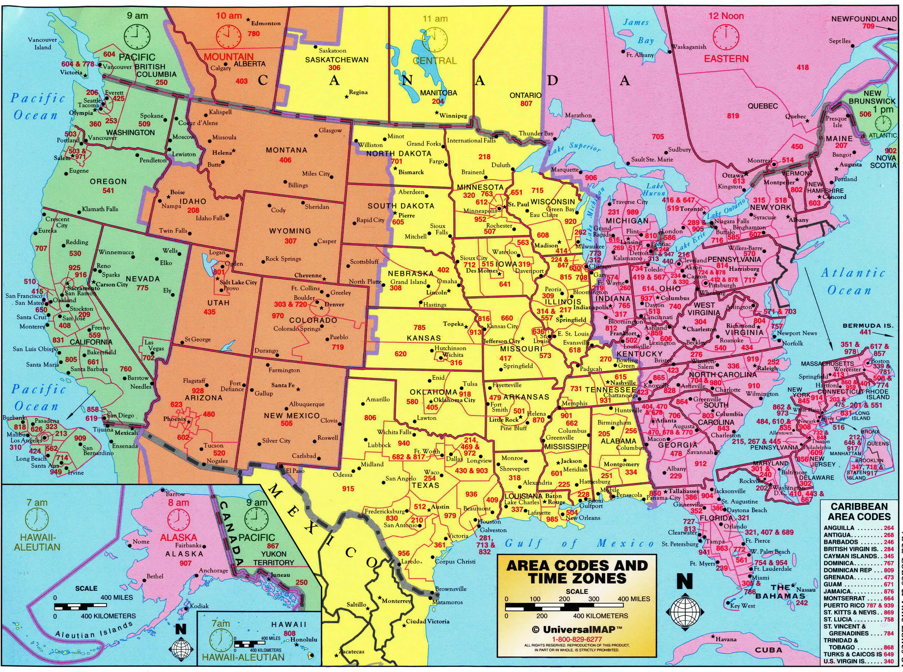 Carte indicatifs regionaux et fuseaux horaires Amerique du Nord