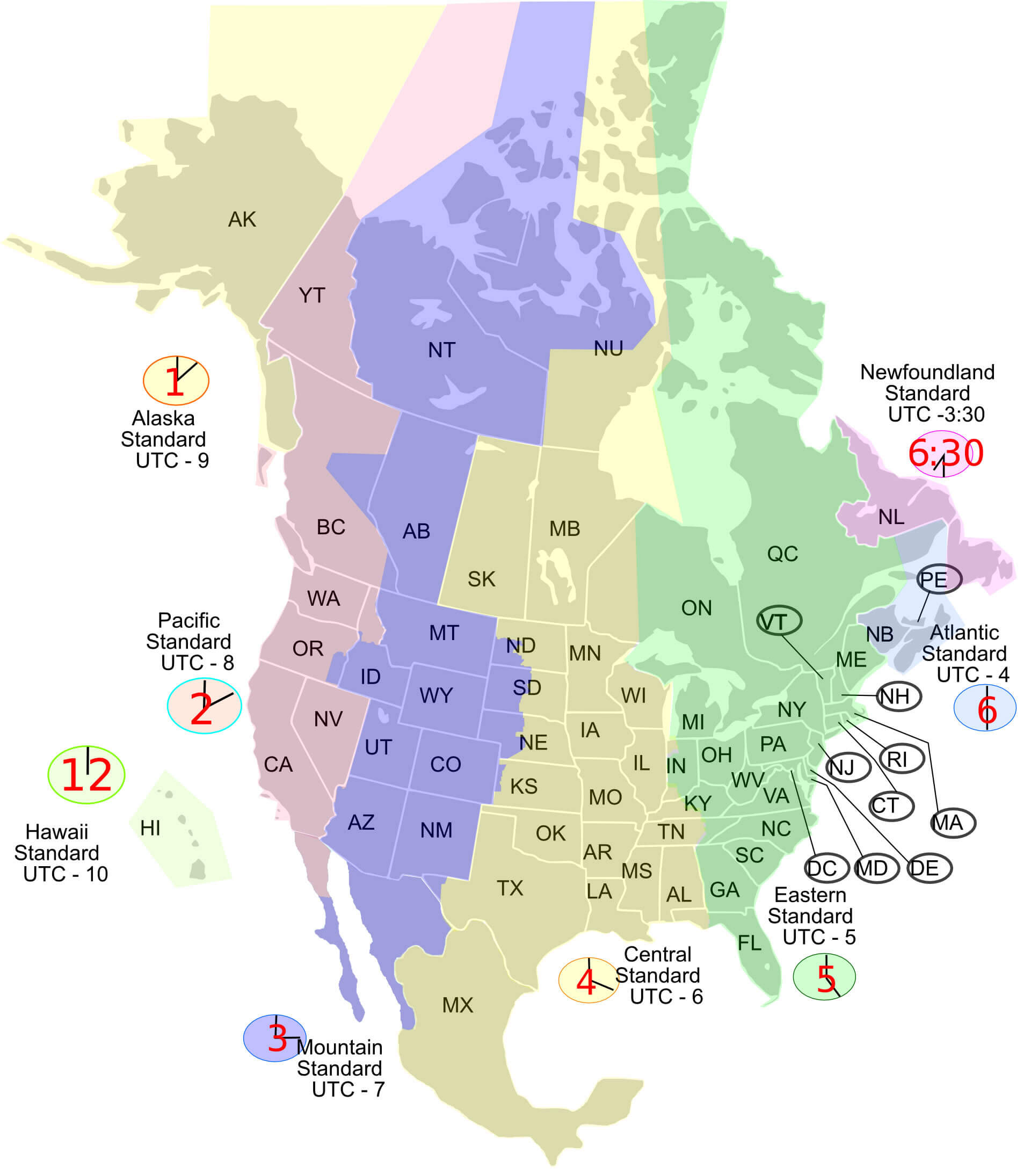 Carte limites fuseaux horaires Etats Unis Amerique du Nord