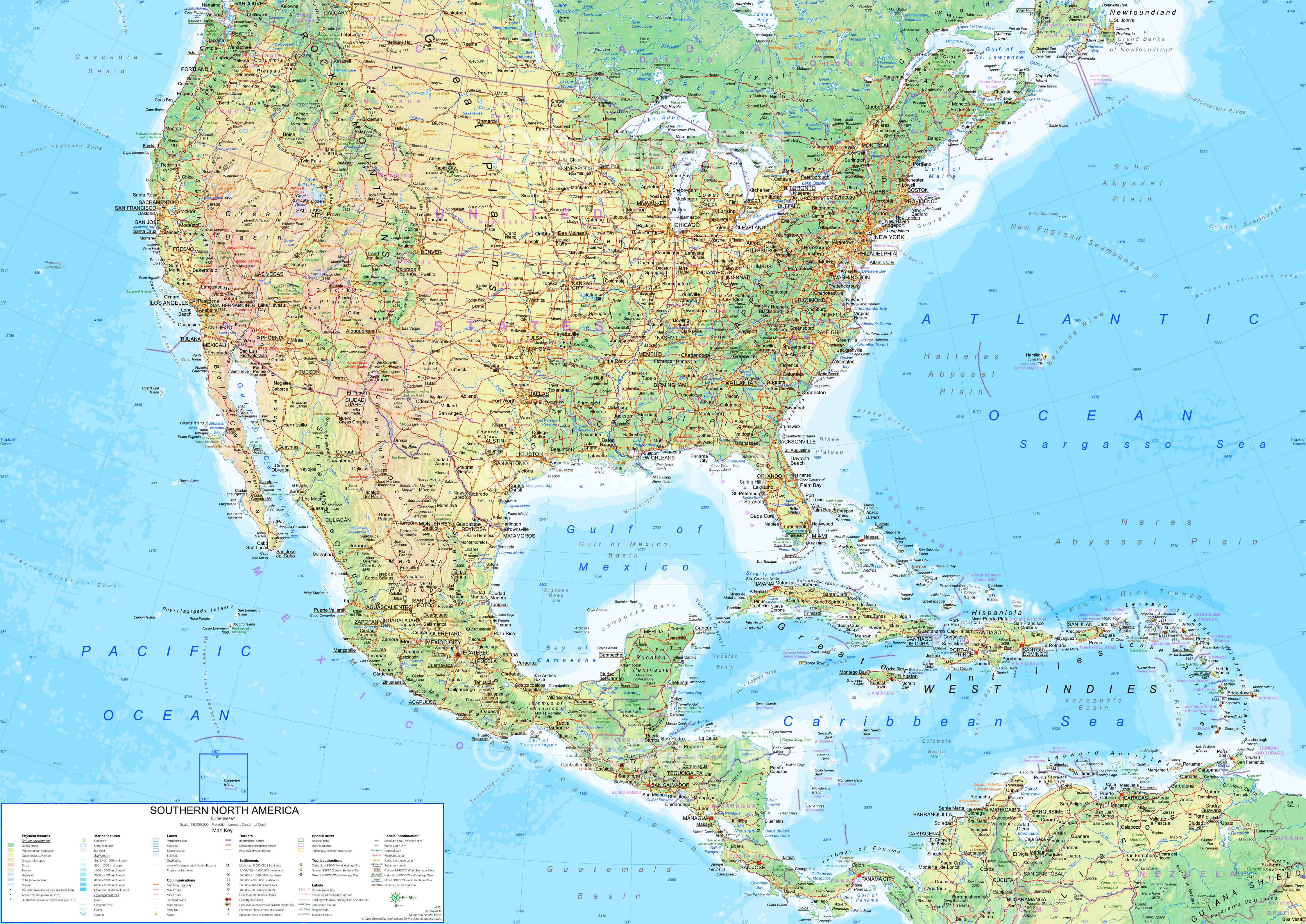 Carte physique haute résolution de l'Amérique du Nord
