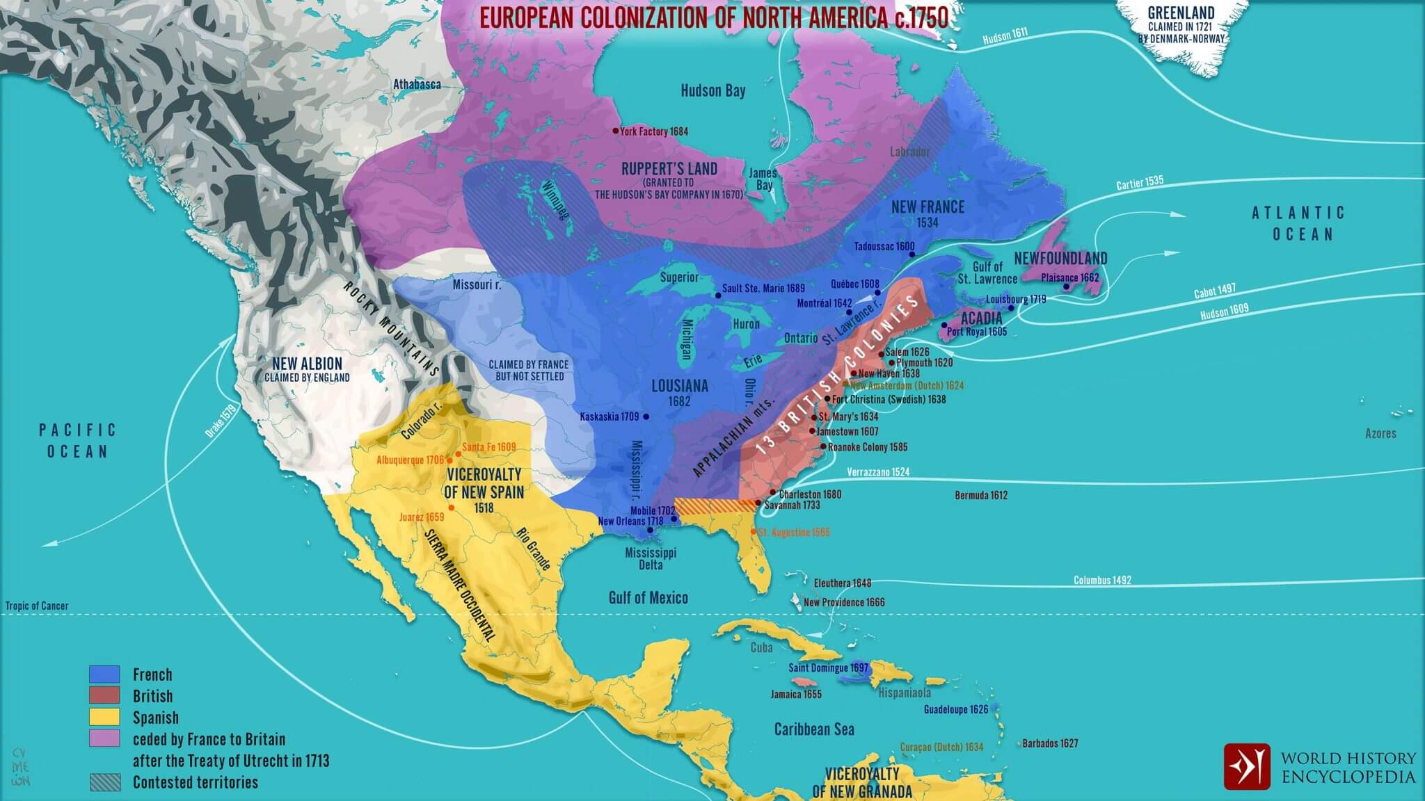 Carte coloniale europeenne Amerique du Nord 1750
