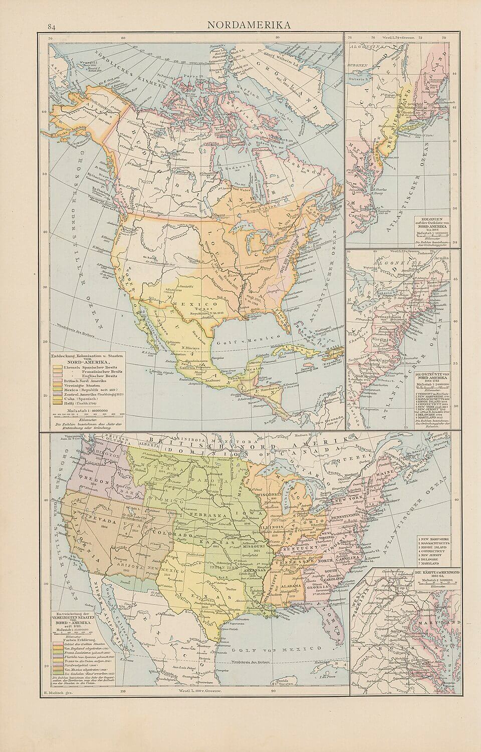 Carte colonisation Europeenne Amerique du Nord 1886