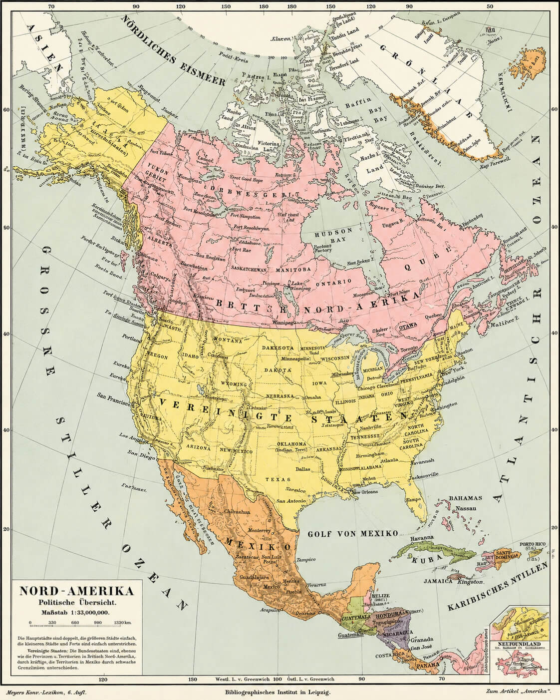 Carte historique Amerique du Nord 1888