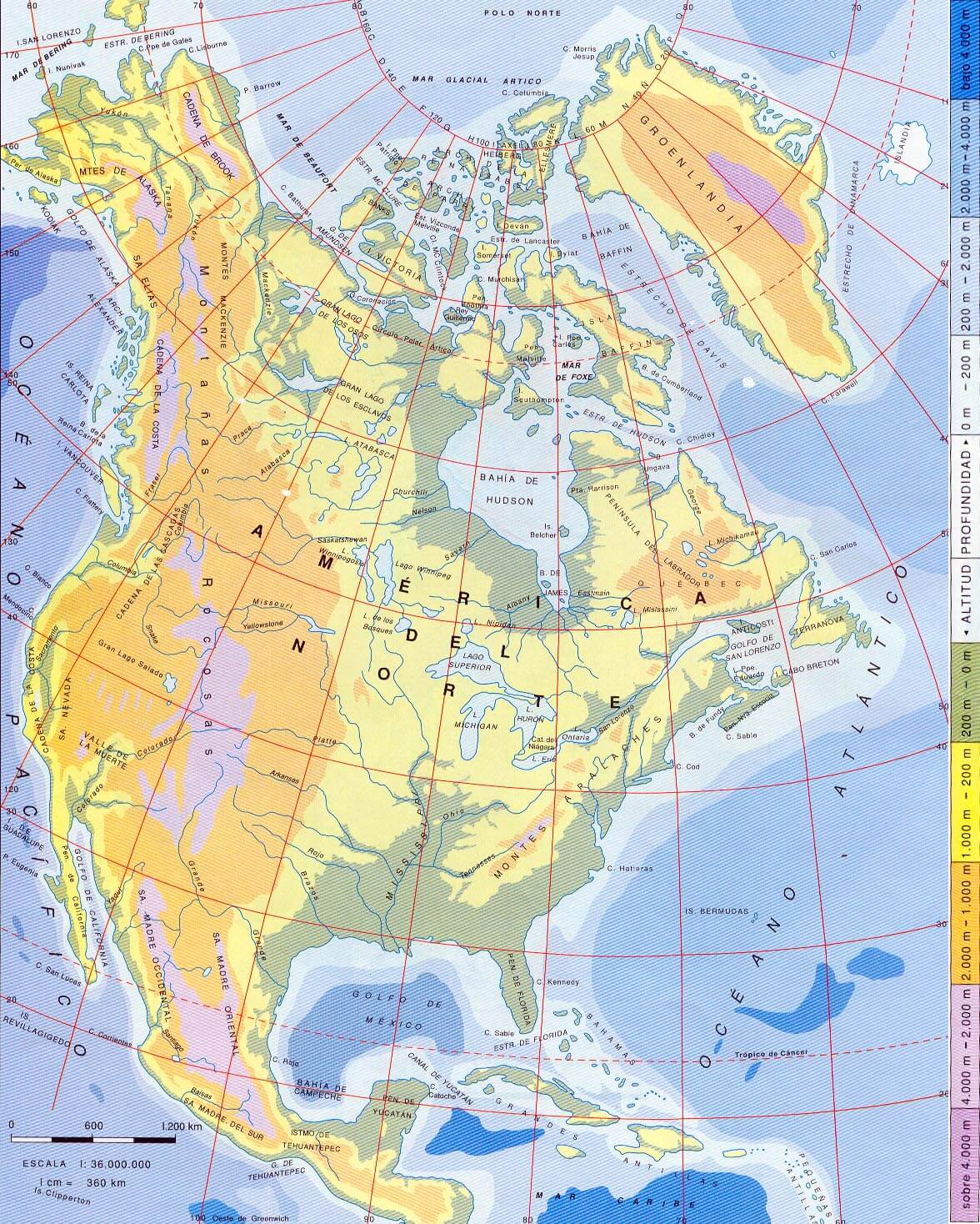 Carte physique historique Amerique du Nord