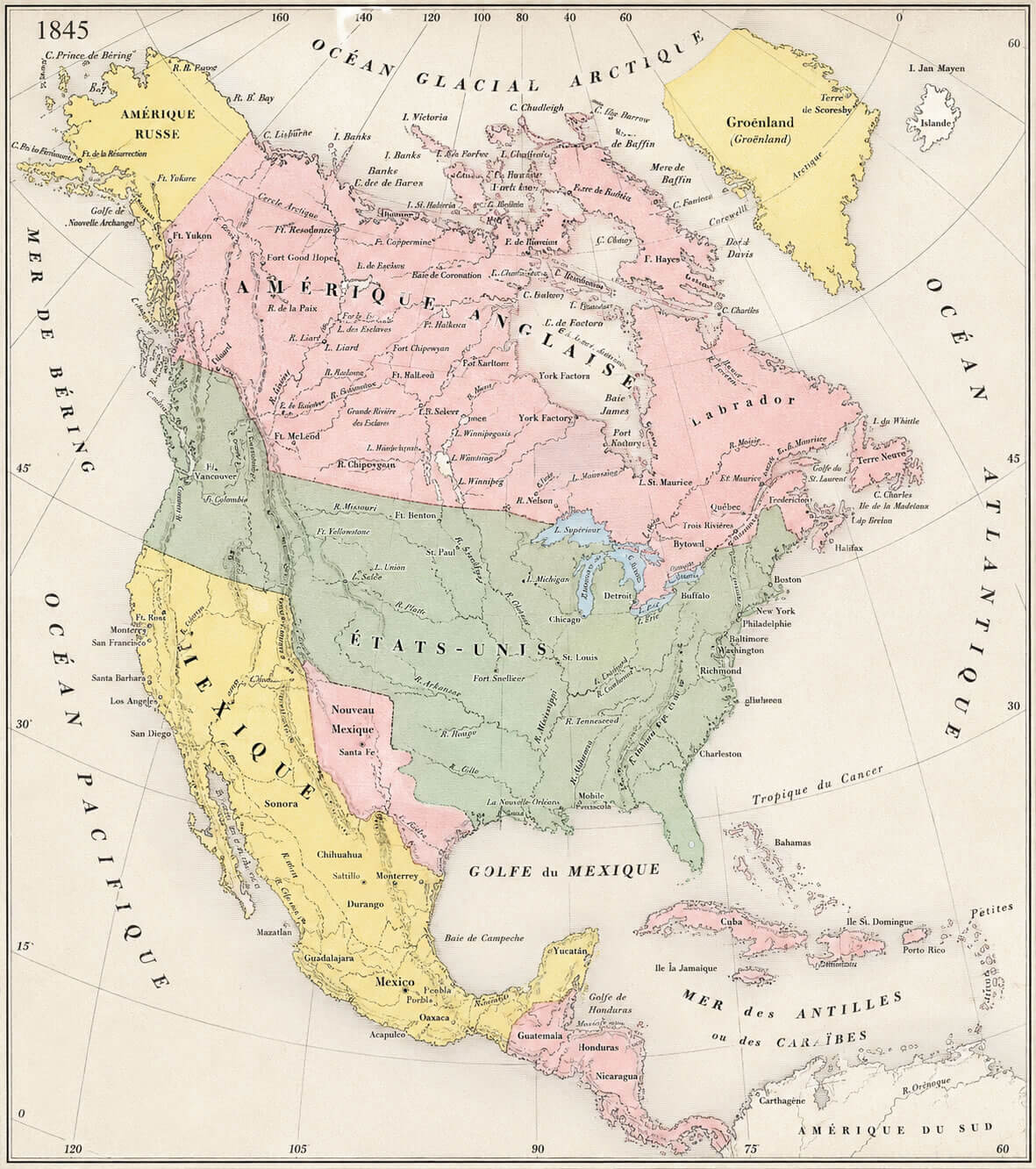 Carte politique Amerique du Nord 1845