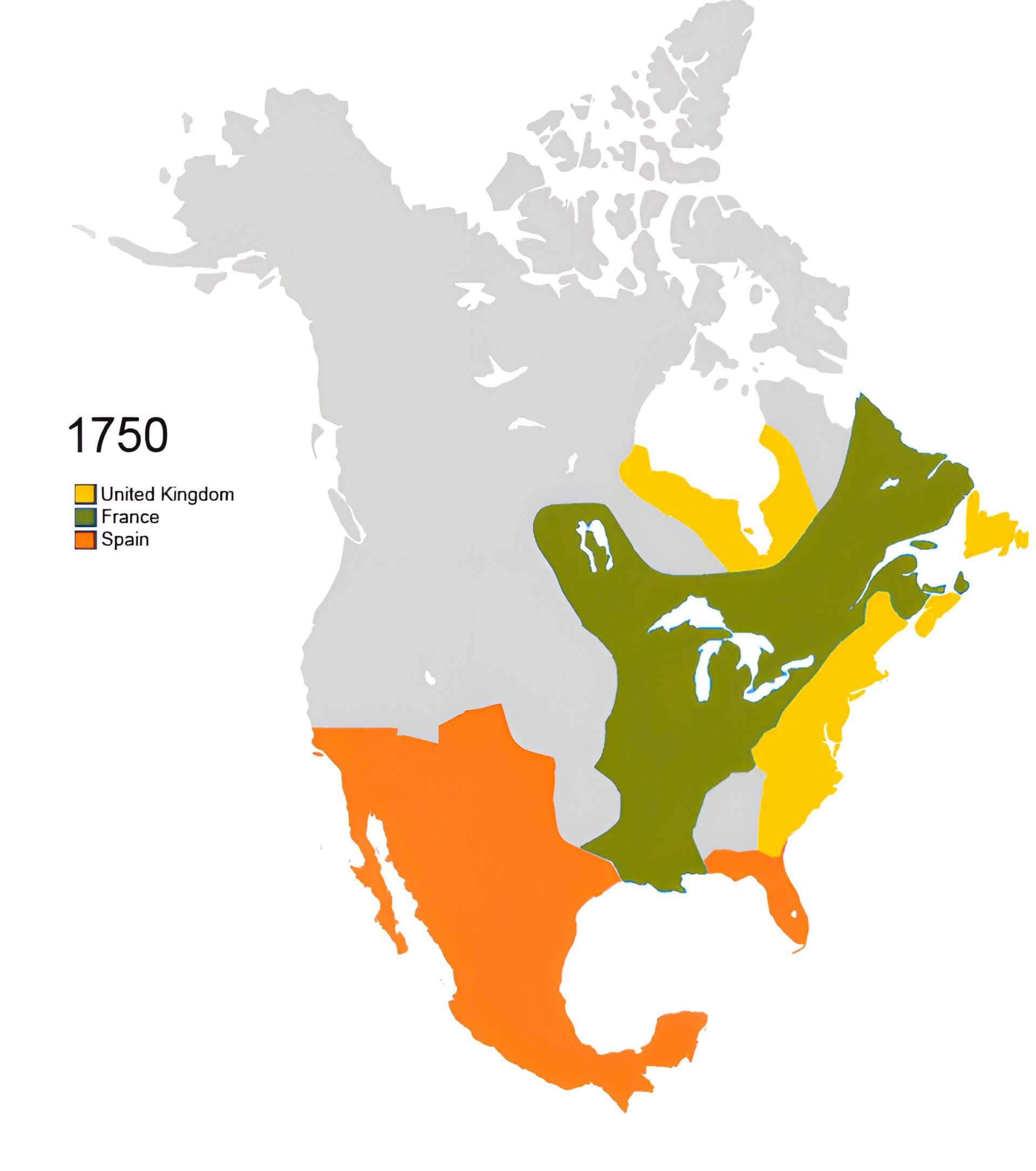 Carte territoires coloniaux Amerique du Nord 1750