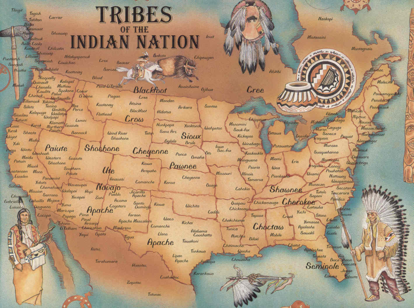 Carte tribus Amerindiennes Amerique du Nord