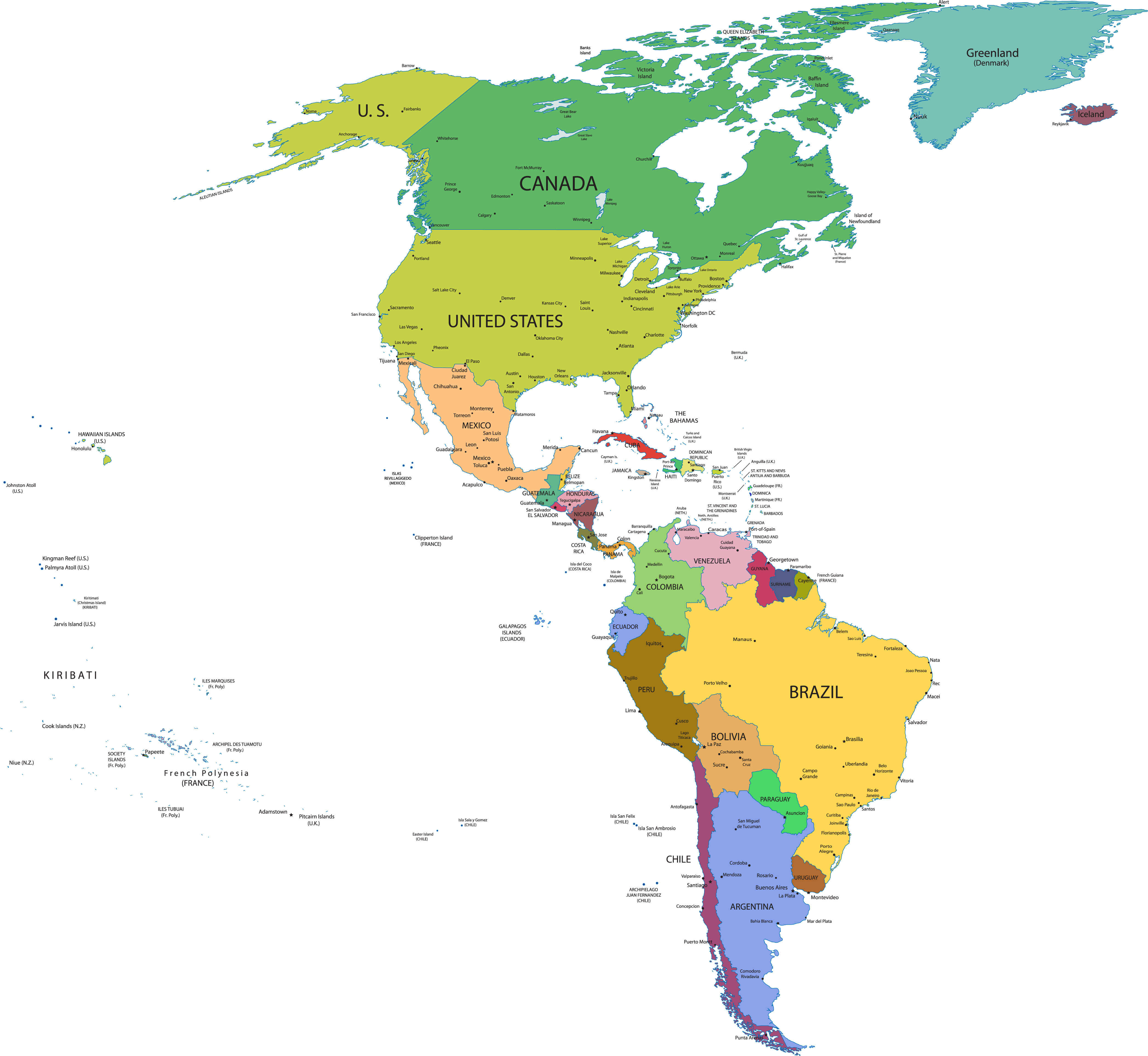 Carte pays et grandes villes Amerique du Nord et du sud