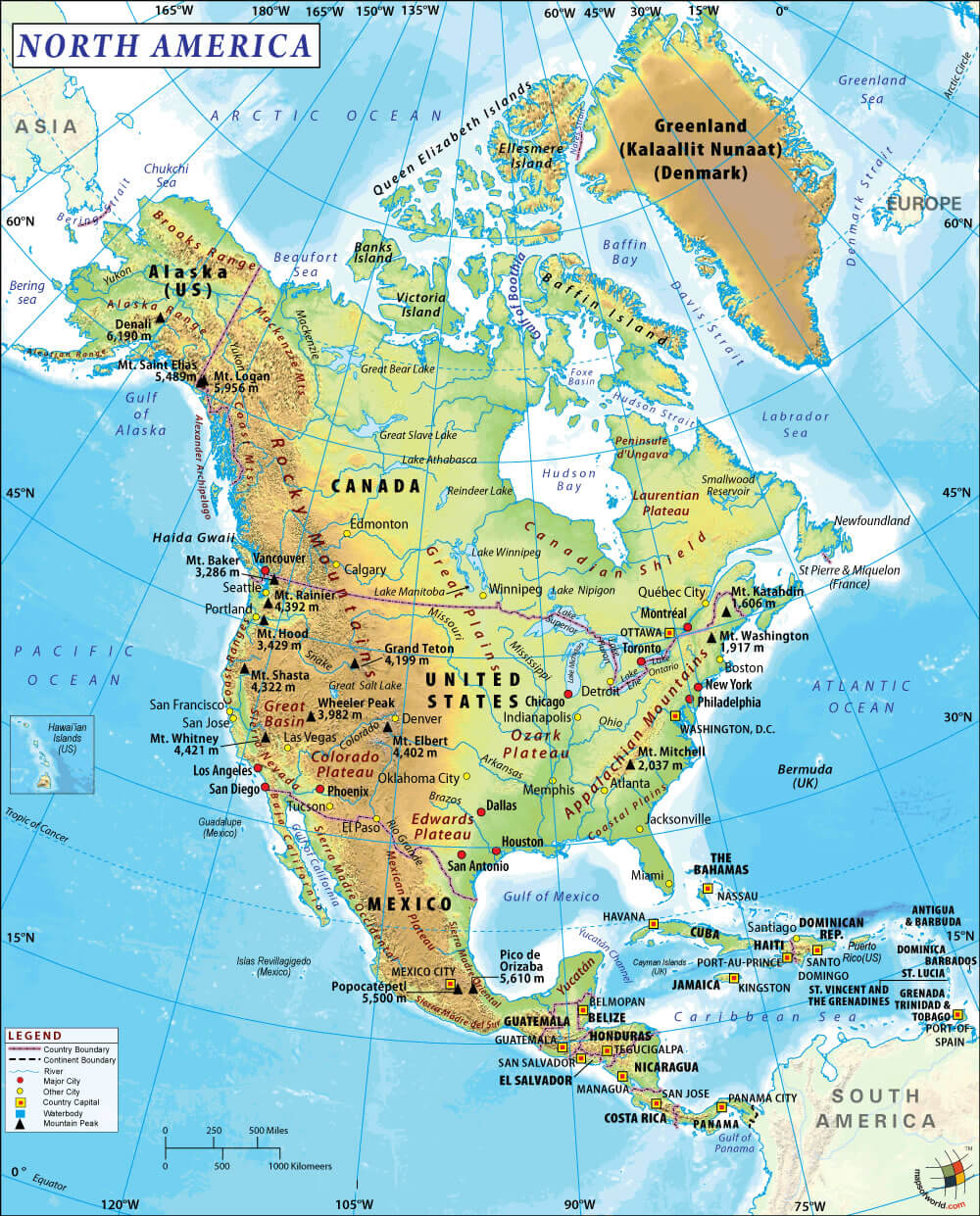 Carte physique Amerique du Nord avec villes