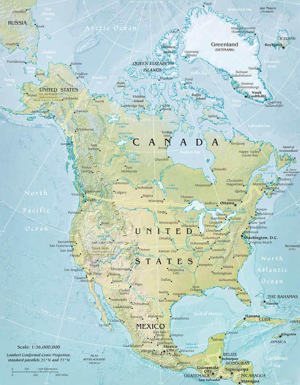 Carte physique et relief detaillee Amerique du Nord