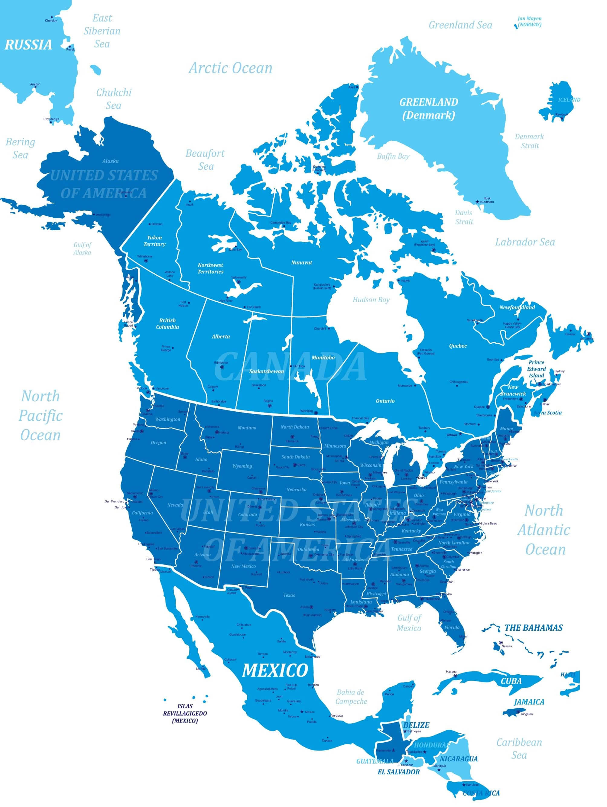 Carte politique Amerique du Nord avec frontieres nationales