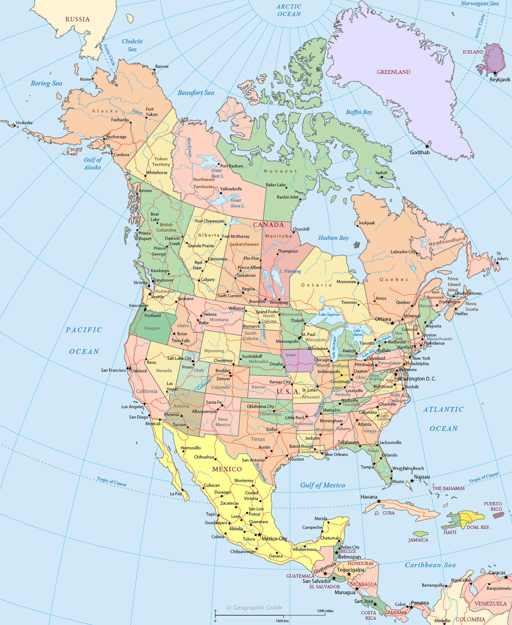 Carte politique Amerique du Nord avec villes et etats