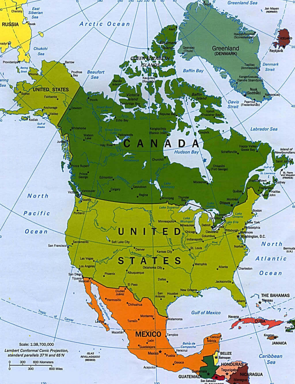Carte politique Amerique du Nord Etats Unis Canada Mexique Groenland