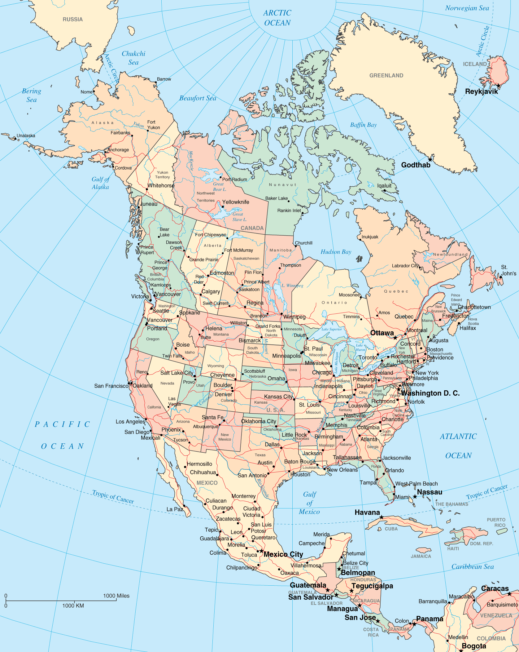 Carte politique detaillee Amerique du Nord avec pays