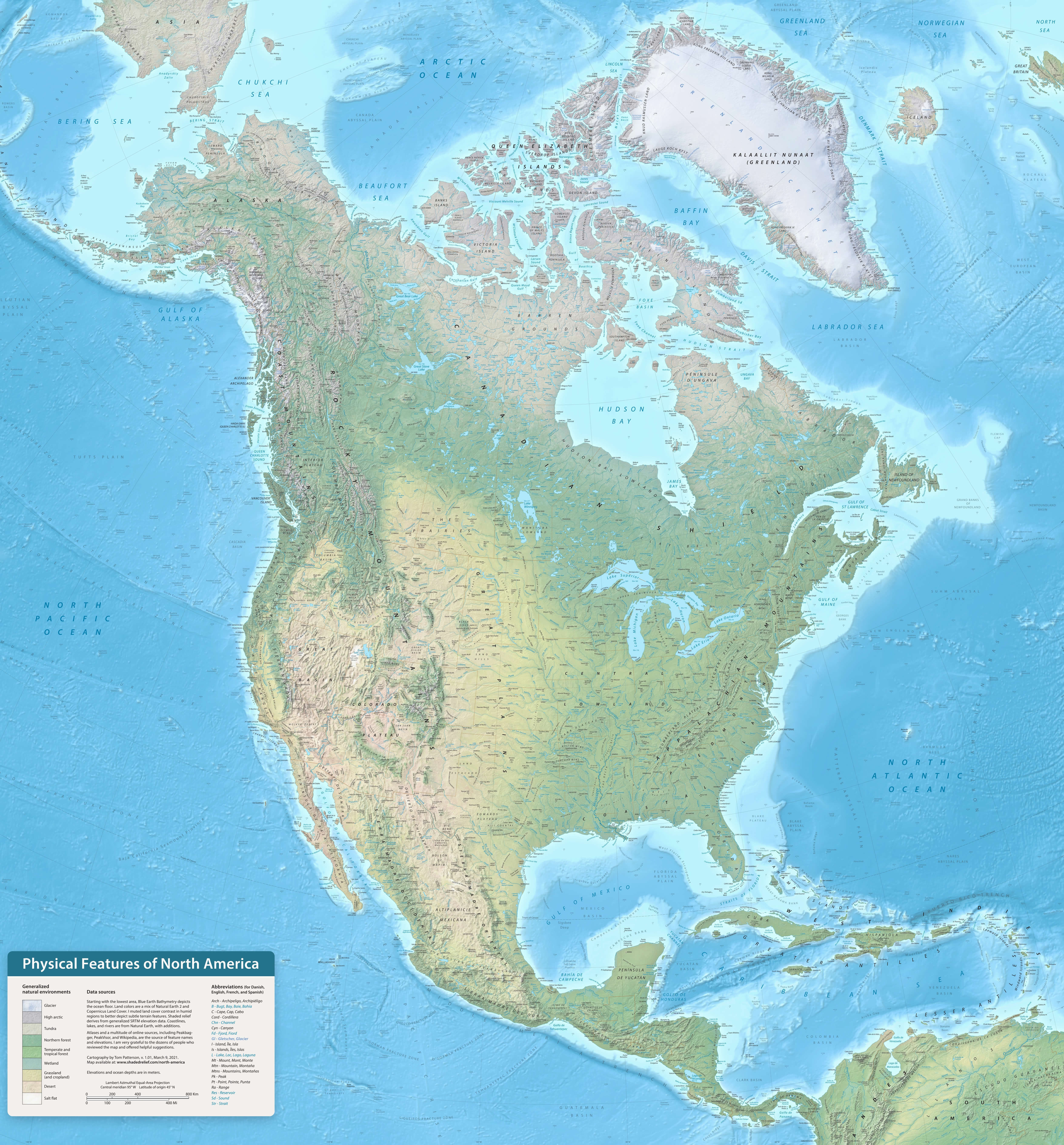Carte caracteristiques physiques Amerique du Nord