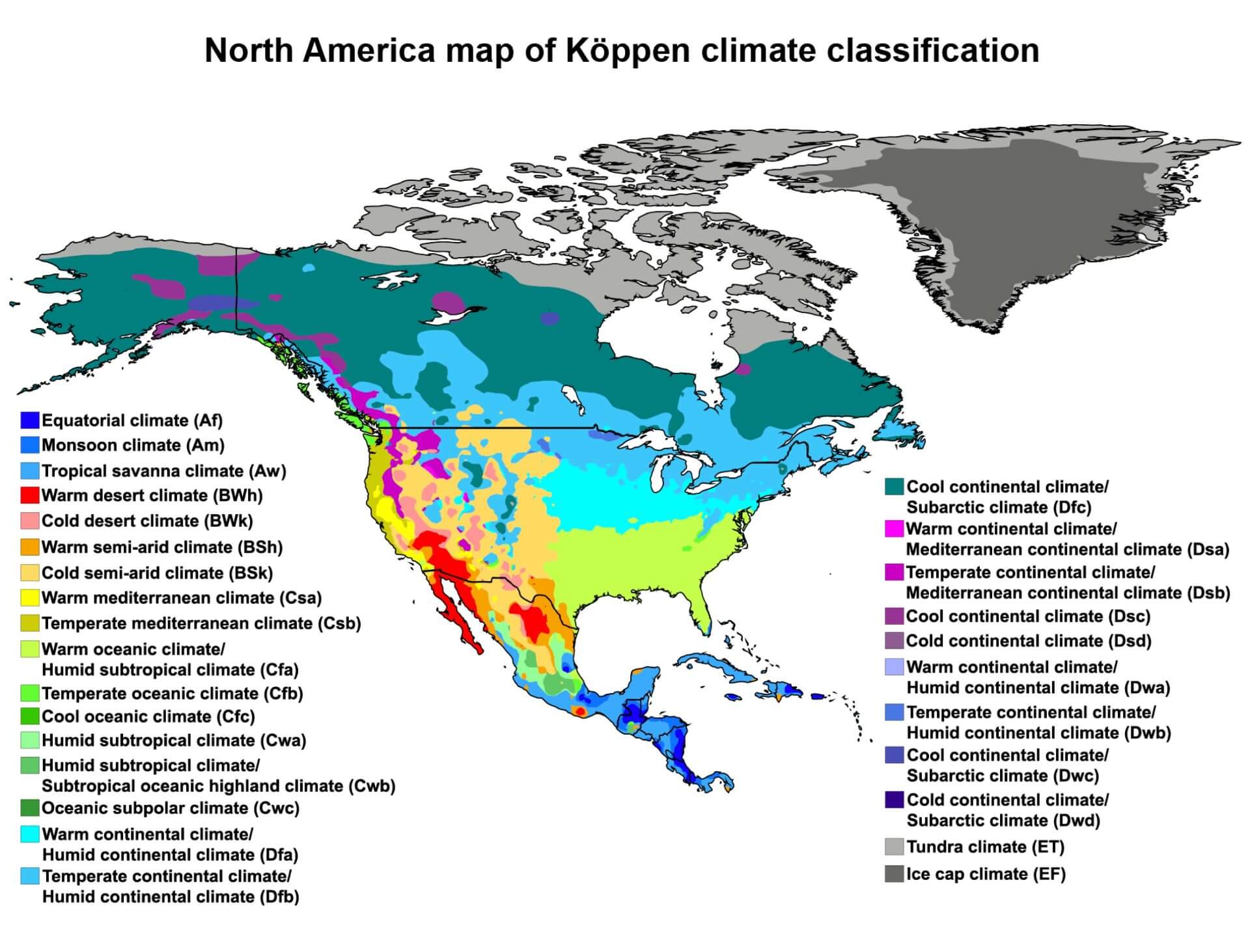 Carte classification climatique Amerique du Nord