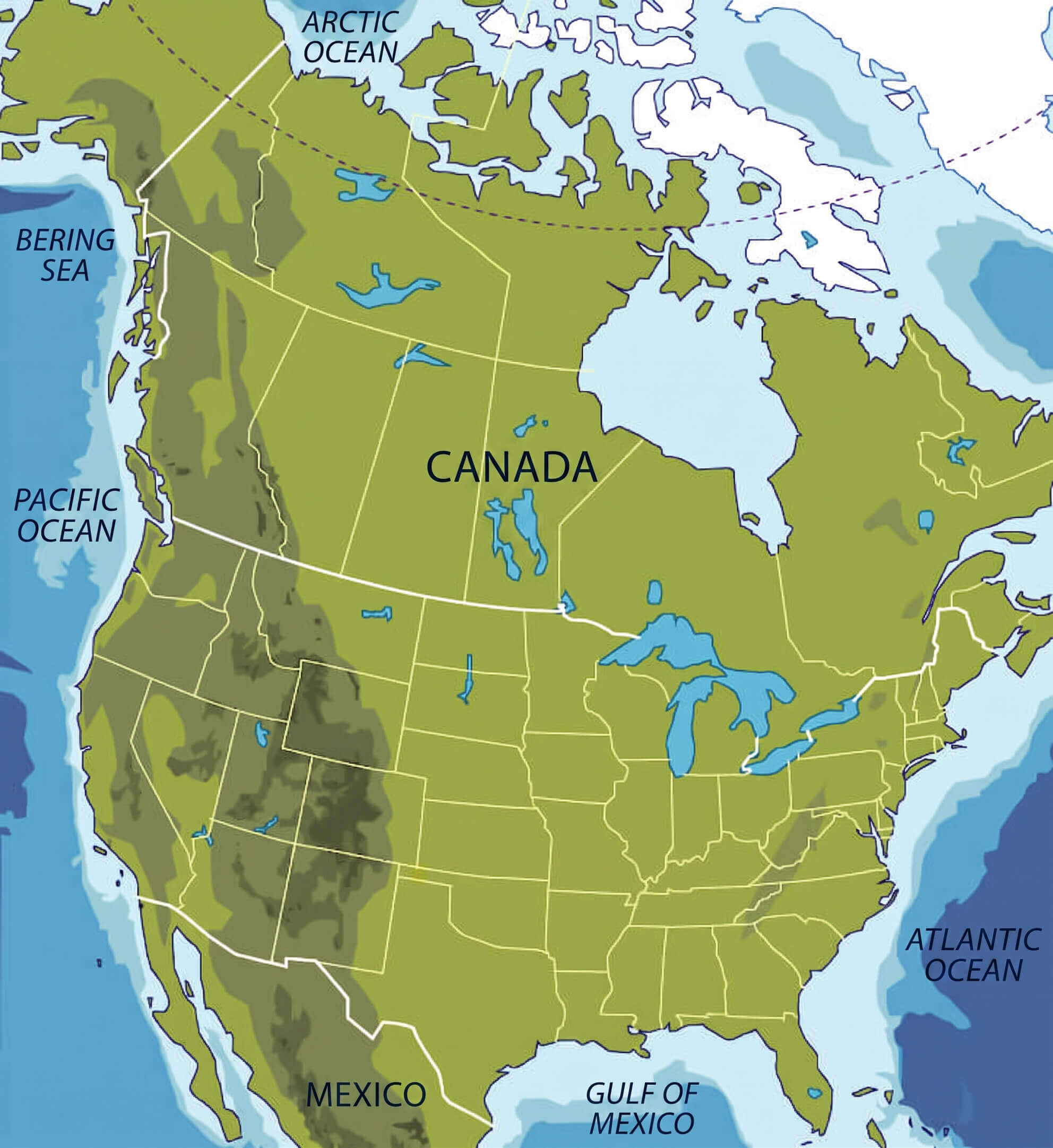 Carte contour physique Amerique du Nord