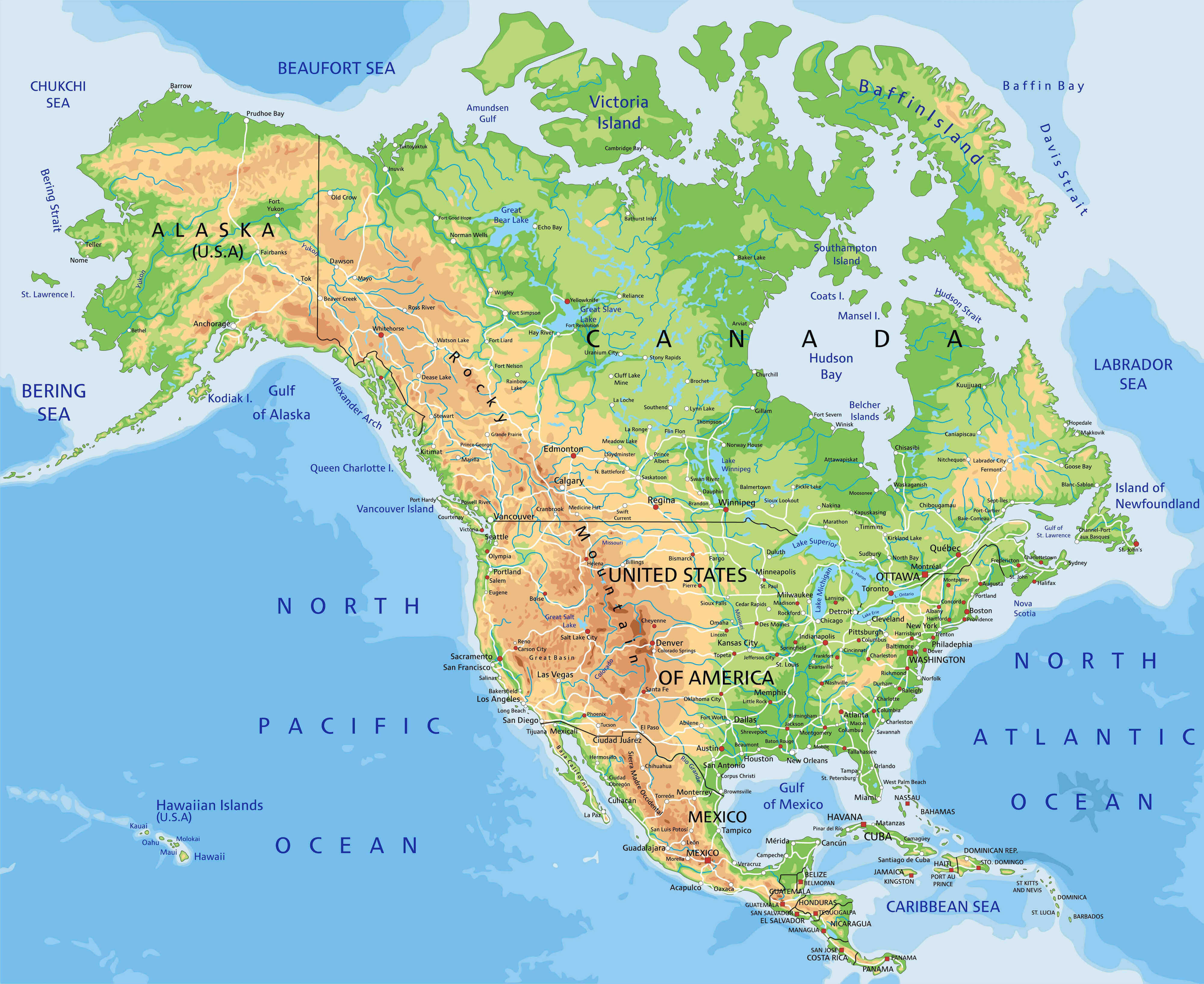 Carte geographique relief Amerique du Nord