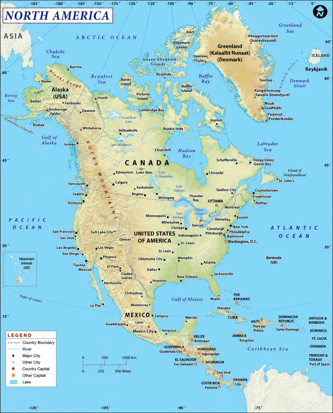 Carte physique Amerique du Nord avec pays