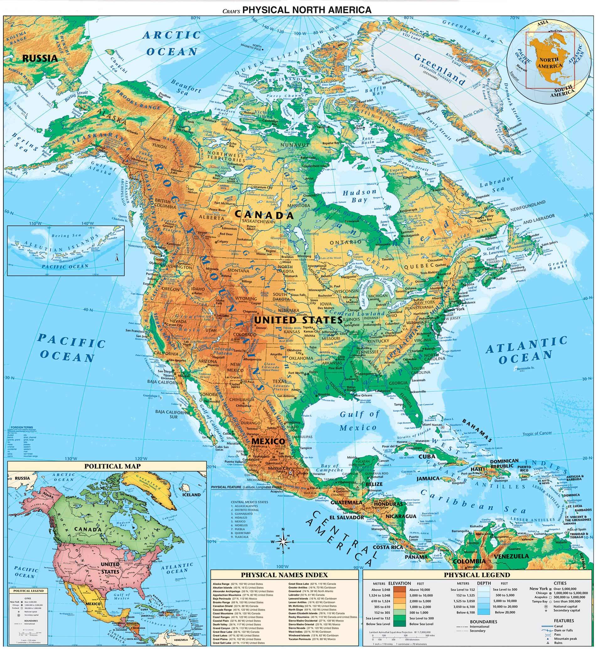 Carte physique Amerique du Nord et Amerique Centrale