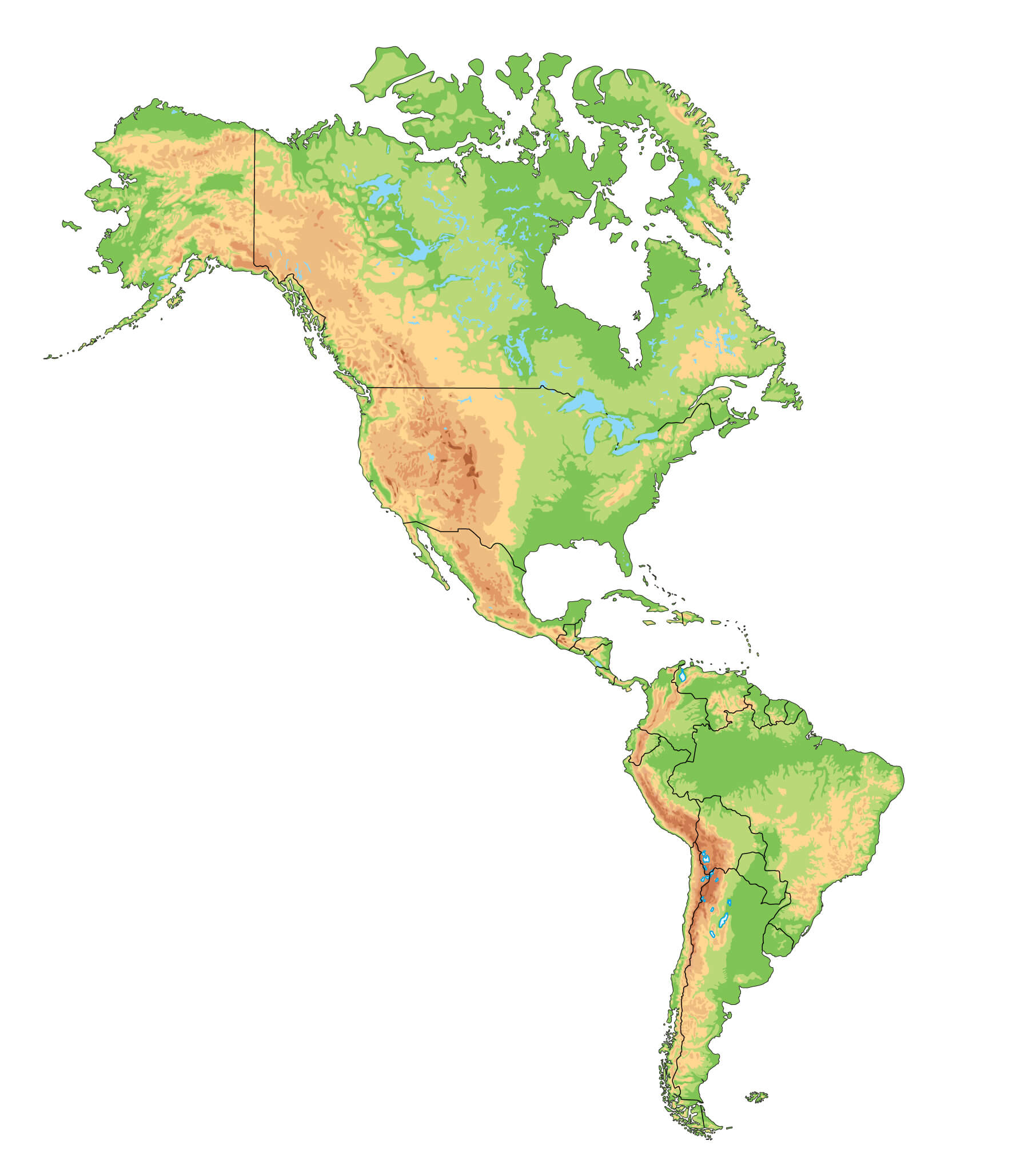 Carte physique Amerique du Nord et du sud