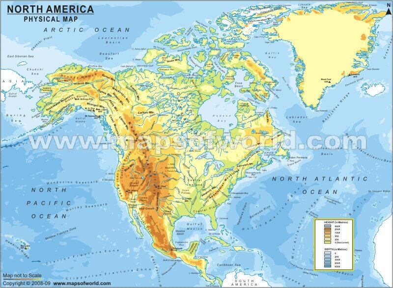Carte physique continent Amerique du Nord