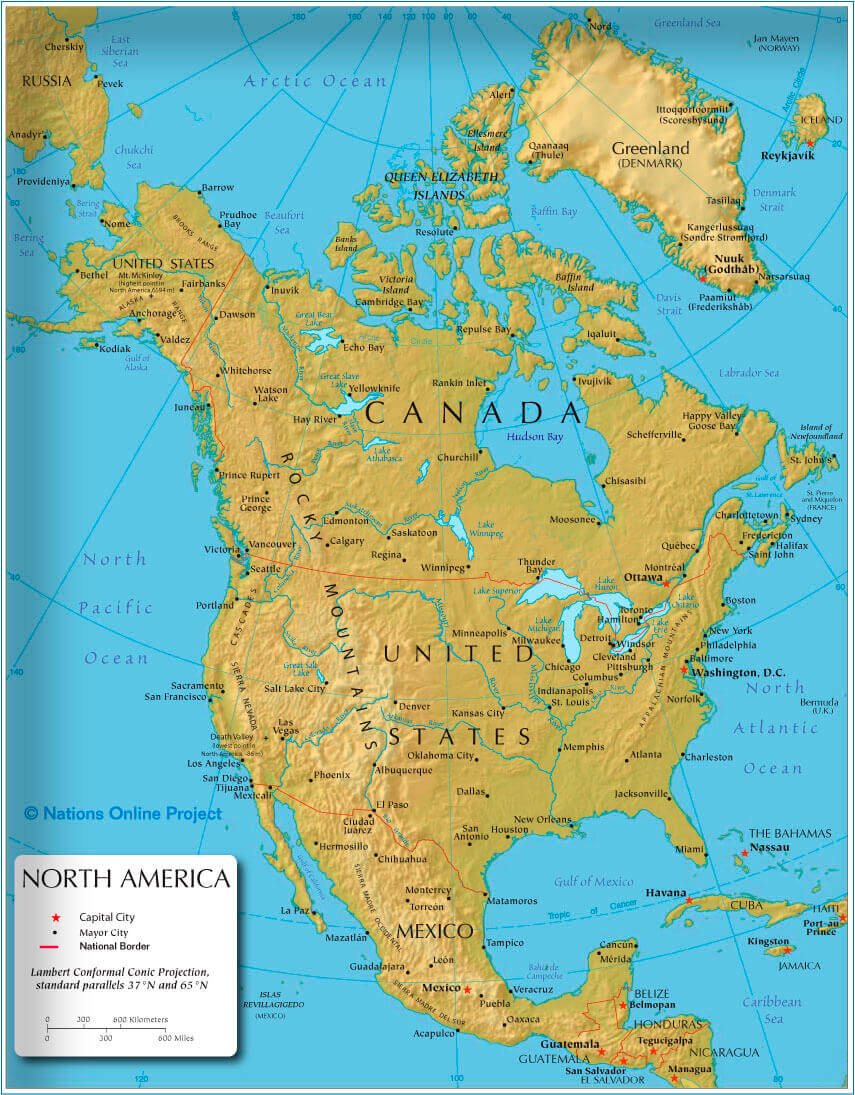 Carte relief Amerique du Nord avec villes