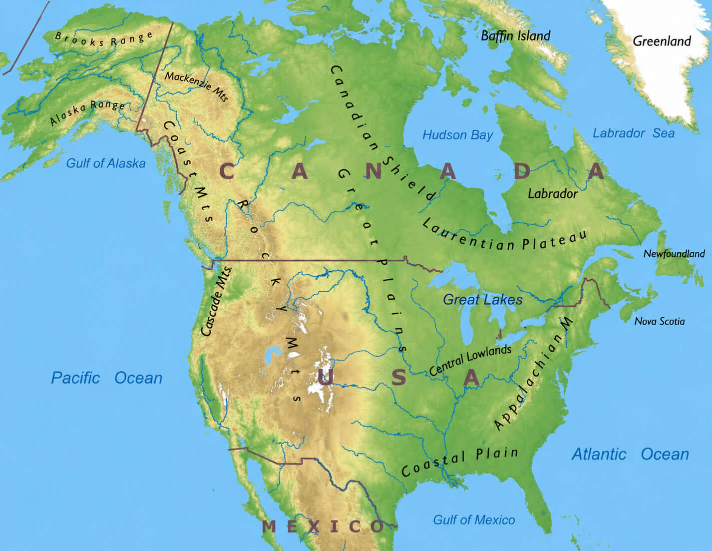 Carte terrain et reliefs Amerique du Nord