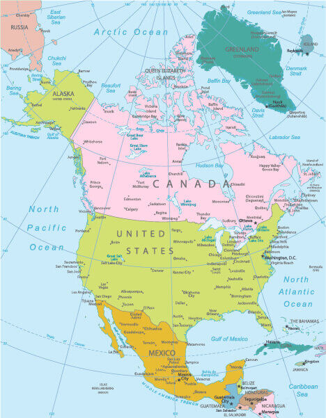 Carte pays et frontieres nationales Amerique du Nord