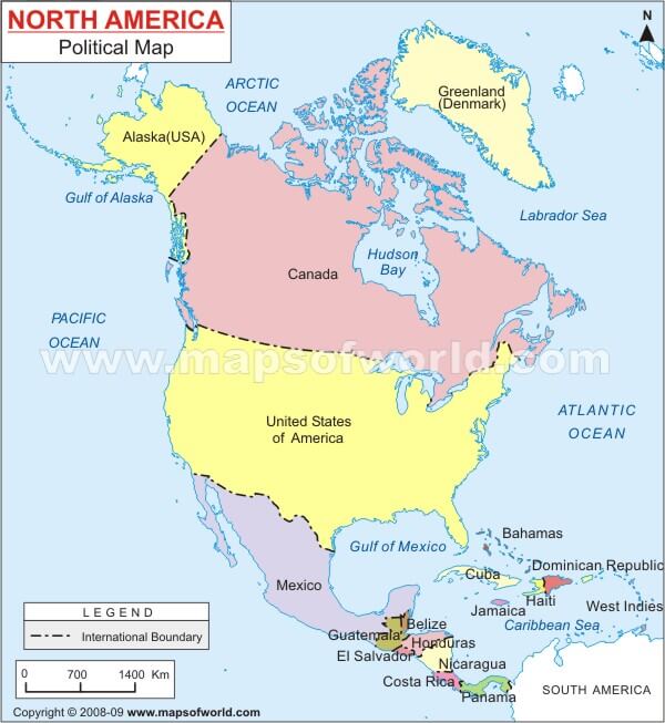 Carte politique Amerique du Nord avec pays et oceans
