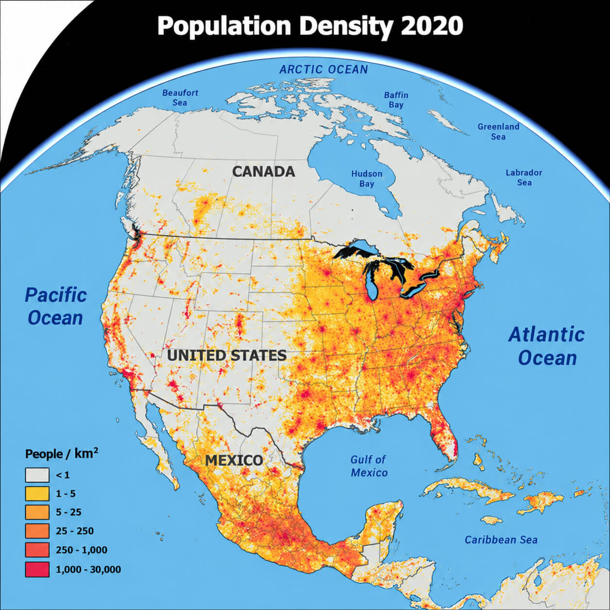 Carte densite population Amerique du Nord 2020