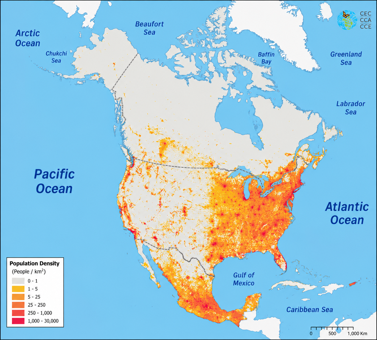 Carte densite population Amerique du Nord