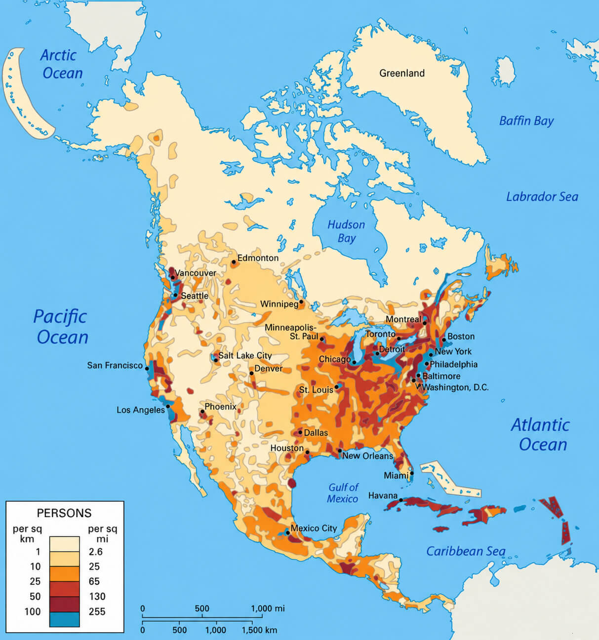 Carte densite population par region Amerique du Nord